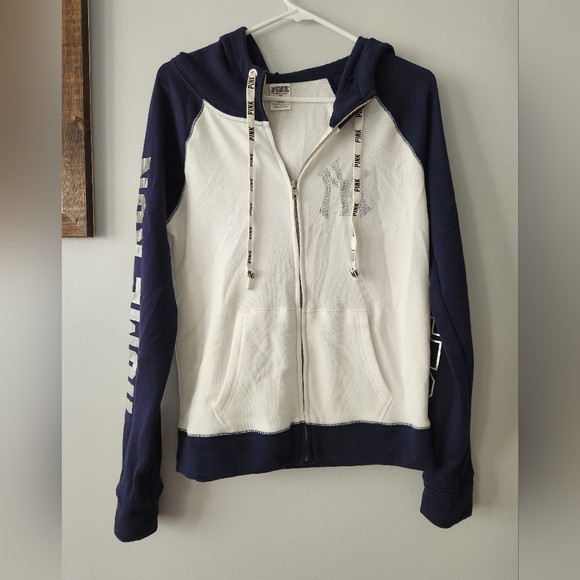 PINK Victoria's Secret Sweaters - NWOT Yankees Pink Victoria Secret Zip Up Hooded Sweatshirt Size Medium